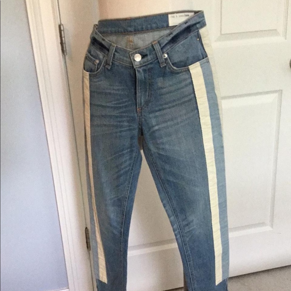 Rag&Bone light blue raceing stripes skinny jeans.